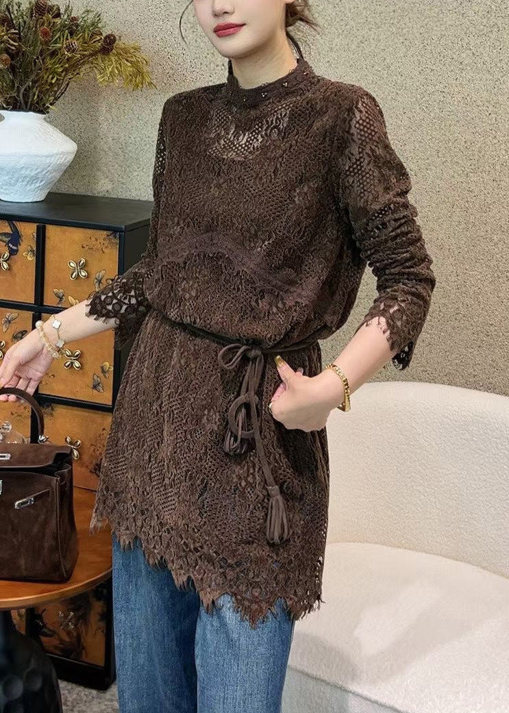Lace Mock Neck Tassel Tie Waist Scalloped Hem Mini Dress