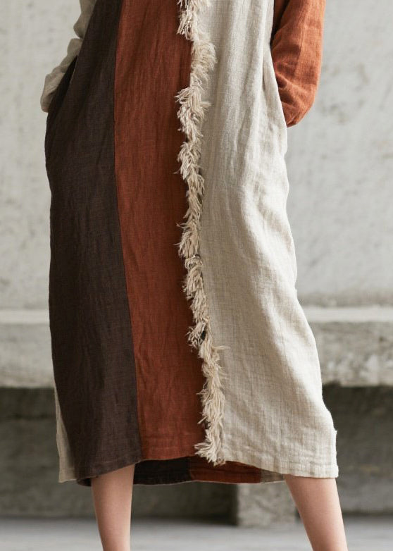 Hooded Faux Fur Trim Colorblock Panel Linen Maxi Dress with Scarf 4