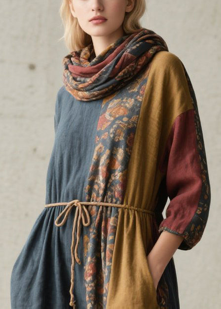 Drawstring Waist Floral Patchwork Linen Midi Dress with Matching Scarf 2