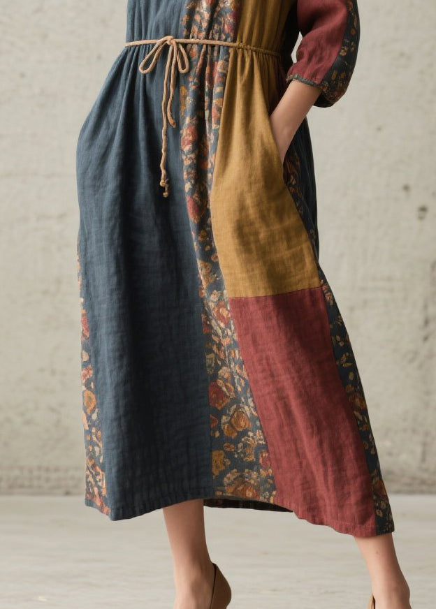 Drawstring Waist Floral Patchwork Linen Midi Dress with Matching Scarf 4