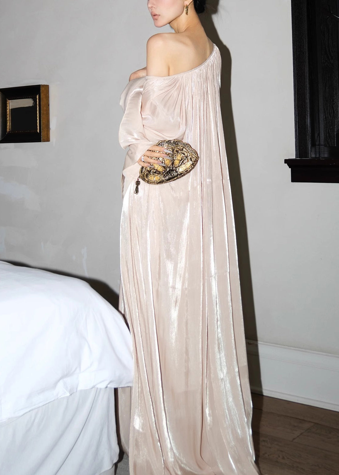V-Neck Pleated Wide Sleeve Floor-Length Gown 5