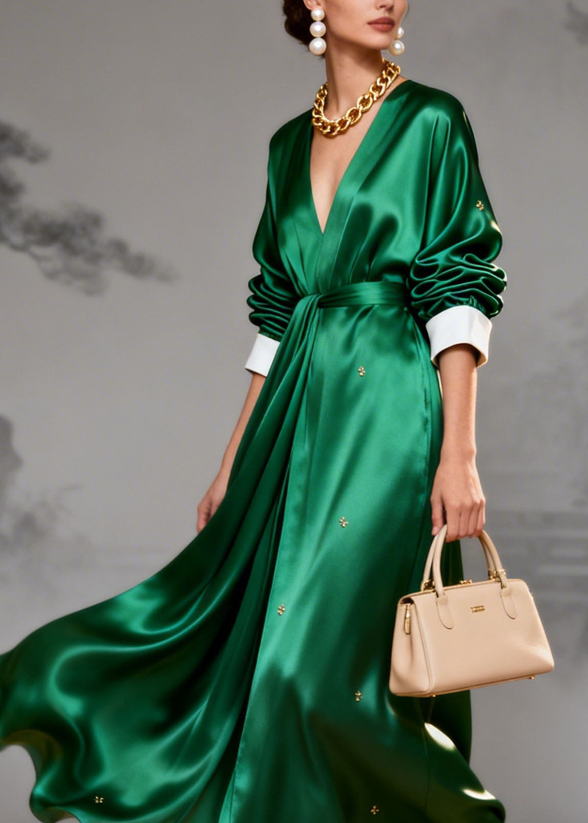 Deep V-Neck Contrast Cuff Belted Satin Star Print Wrap Maxi Dress 2