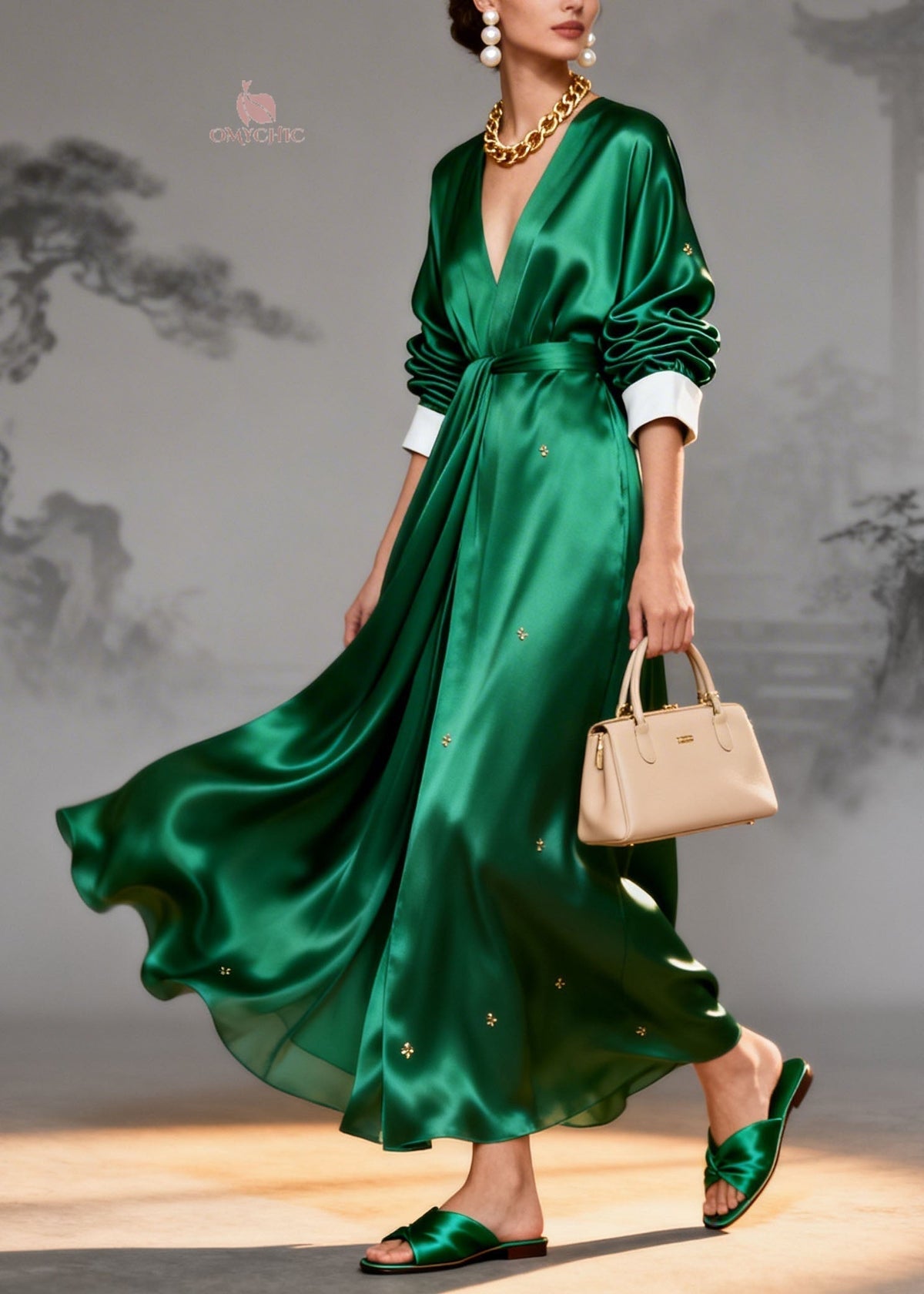Deep V-Neck Contrast Cuff Belted Satin Star Print Wrap Maxi Dress 5