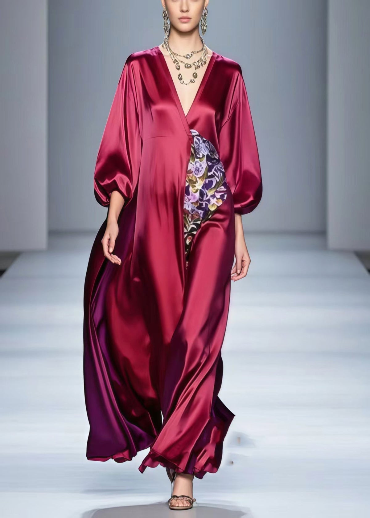 Balloon Sleeve Satin Floral Panel Maxi Gown