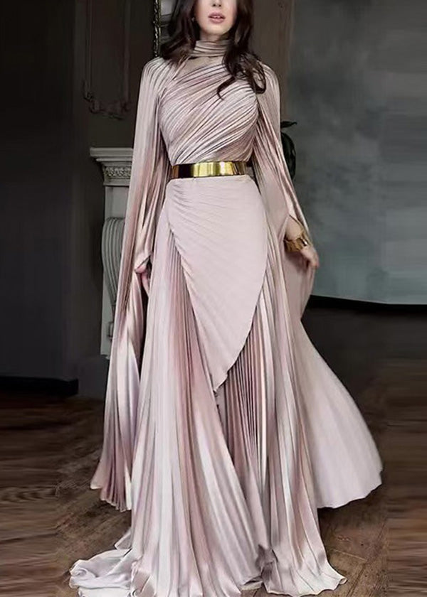 High Neck Cape Sleeve Pleated Wrap Front Maxi Gown