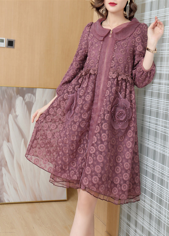 Peter Pan Collar Zip Front Pearl Rosette Lace A-Line Midi Dress 3
