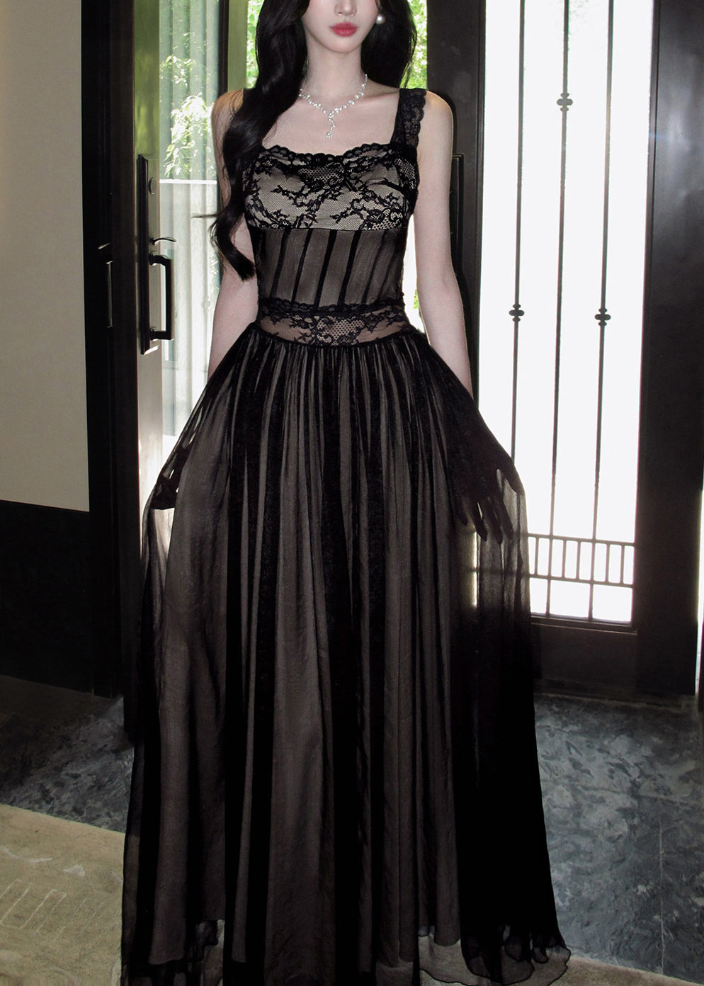 Lace Trim Corset Boned Bodice Sheer Tiered Chiffon Glove Sleeve Maxi Gown