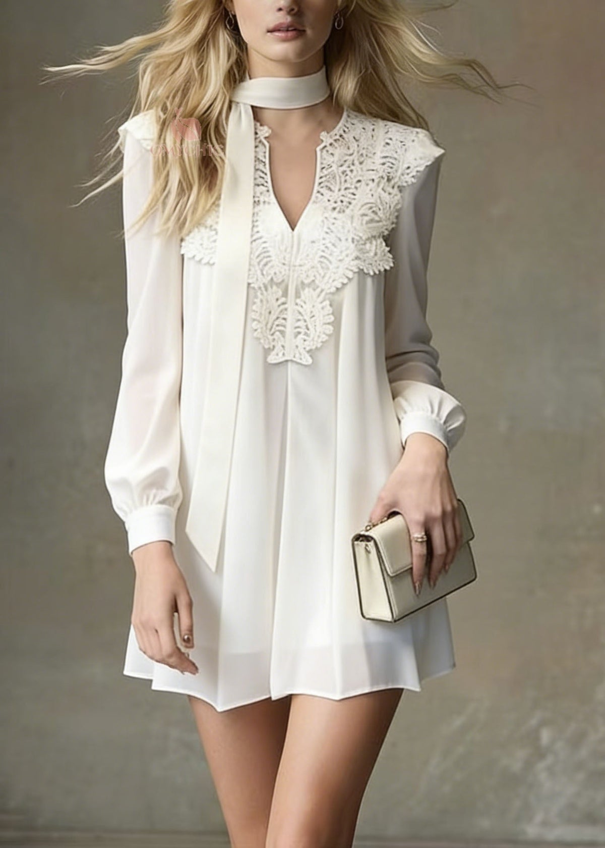 Deep V-Neck Lace Applique Neck Scarf Tie Bishop Sleeve Mini Dress 3