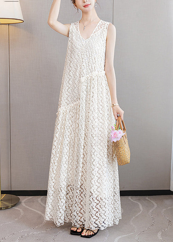 V-Neck Floral Lace Sleeveless Scalloped Hem Maxi Dress