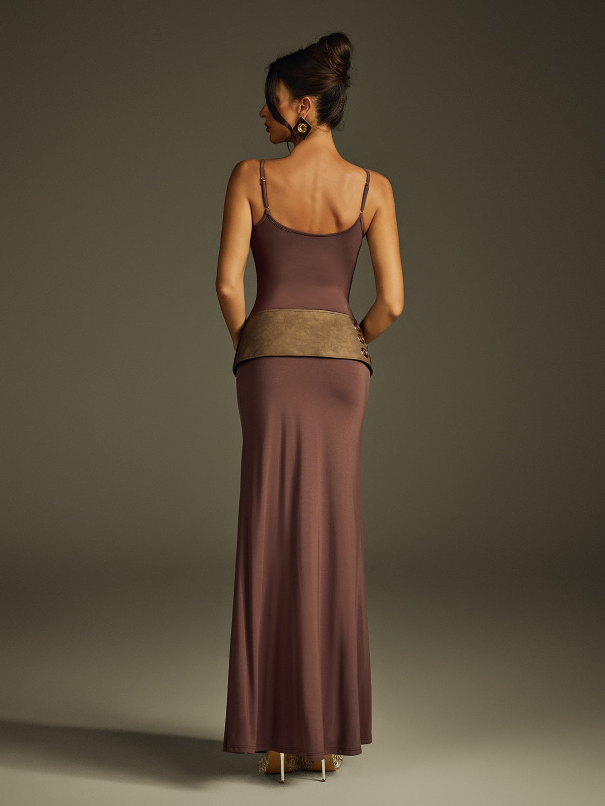 Scoop Neck Spaghetti Strap Grommet Studded Hip Band Bodycon Maxi Dress 6