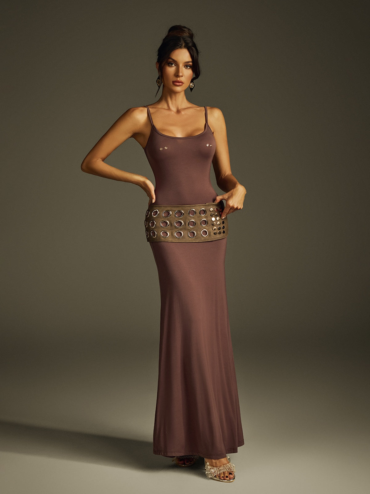 Scoop Neck Spaghetti Strap Grommet Studded Hip Band Bodycon Maxi Dress