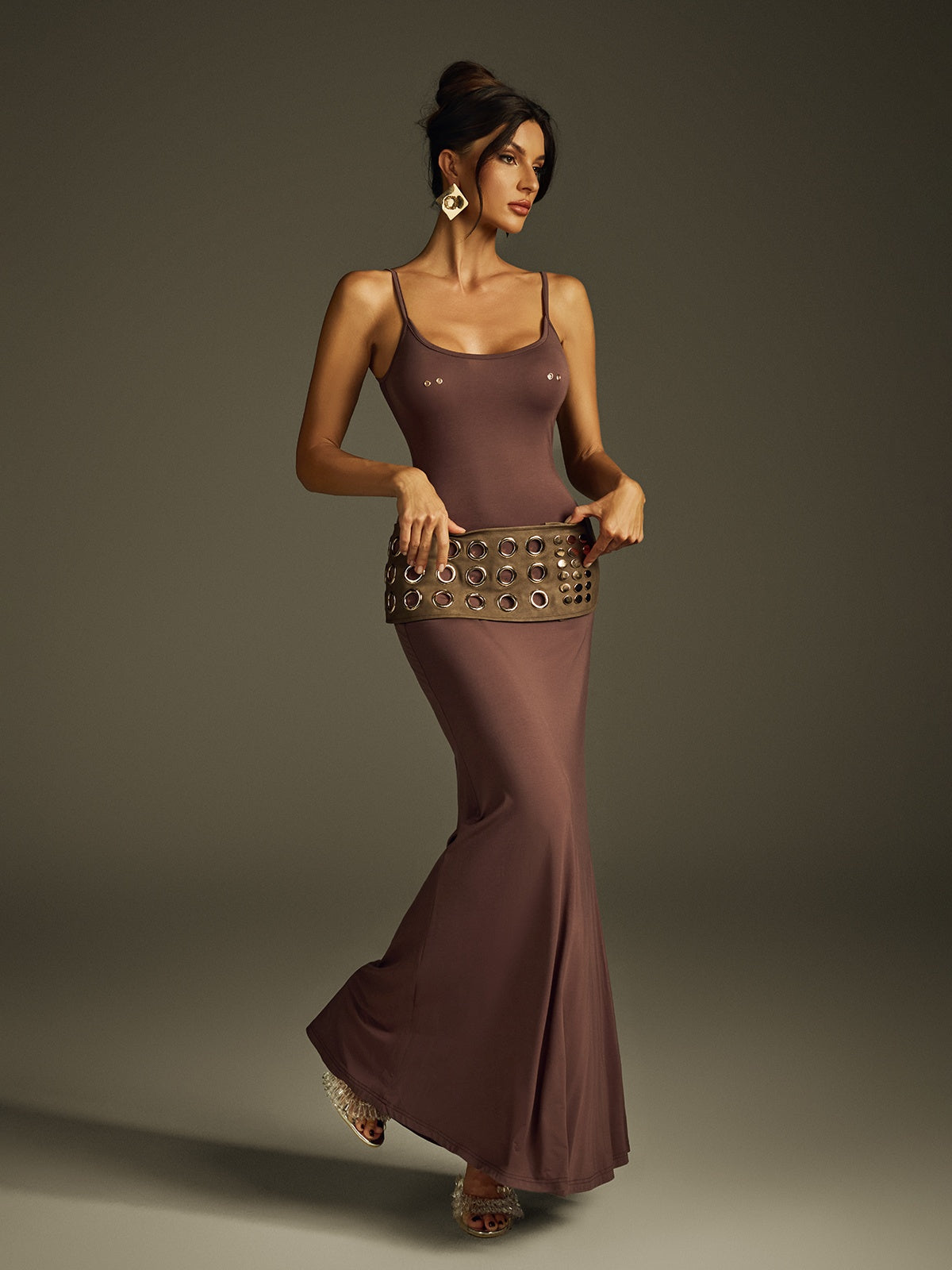 Scoop Neck Spaghetti Strap Grommet Studded Hip Band Bodycon Maxi Dress 2
