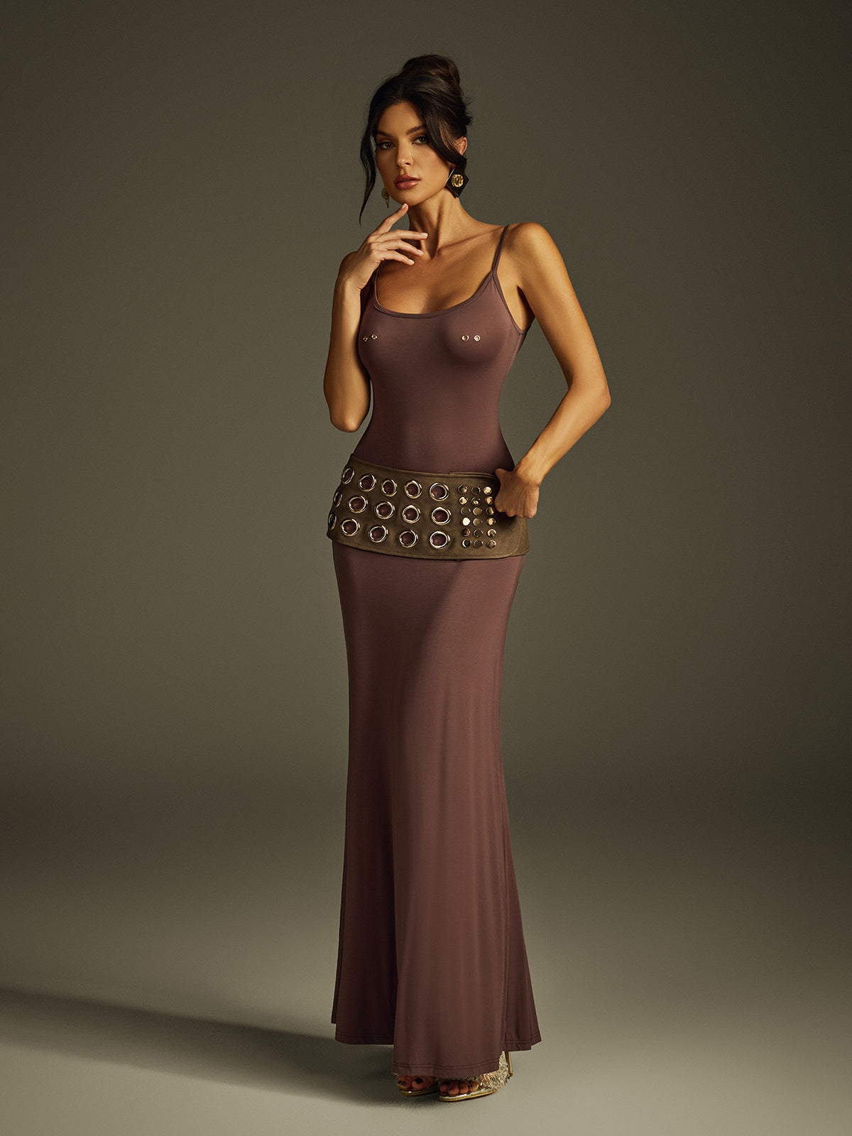 Scoop Neck Spaghetti Strap Grommet Studded Hip Band Bodycon Maxi Dress 4