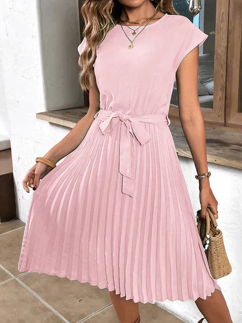 Cap Sleeve Tie Waist Accordion Pleat Midi Dress 7