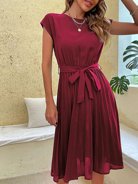 Cap Sleeve Tie Waist Accordion Pleat Midi Dress 10