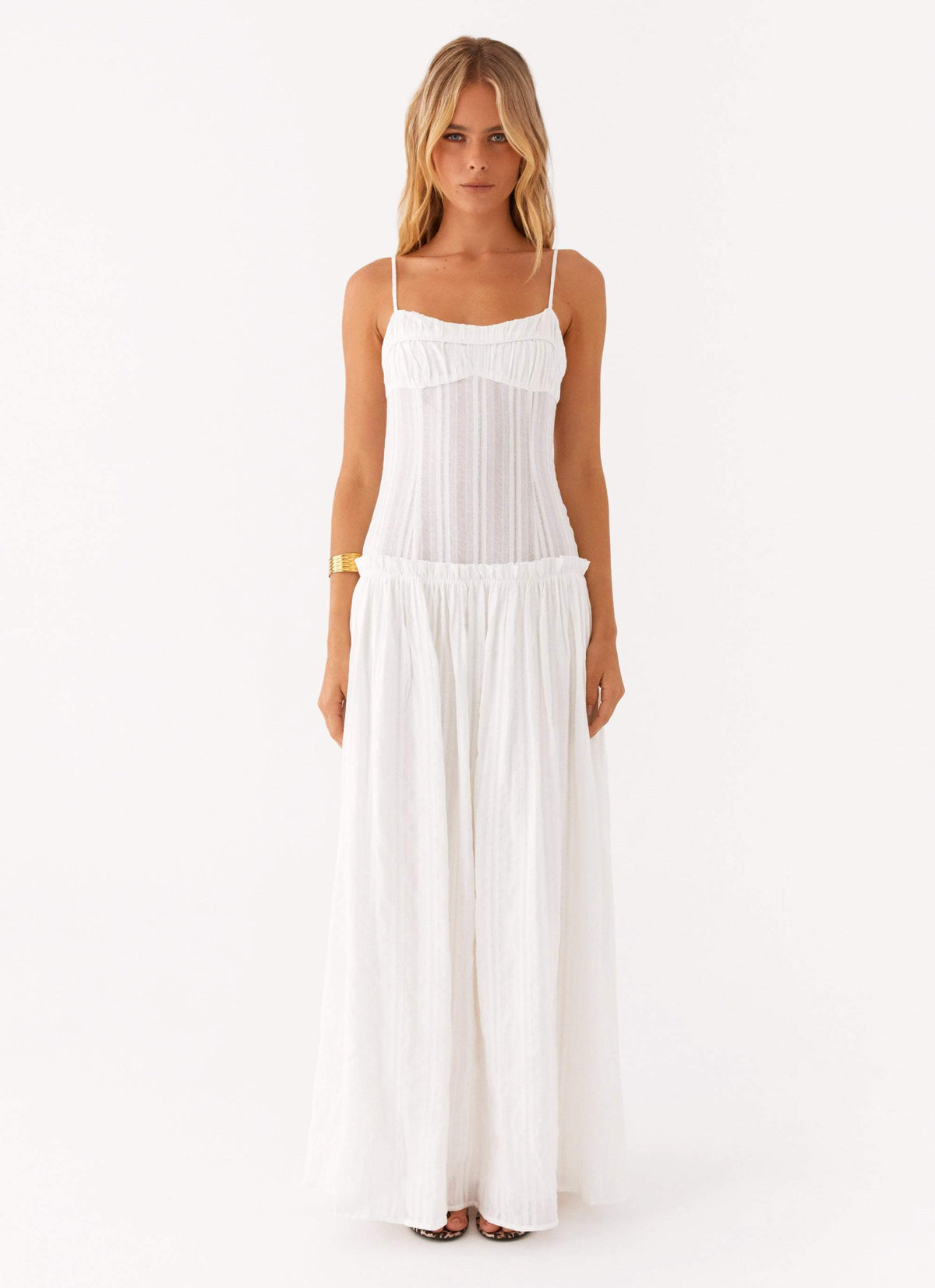 Spaghetti Strap Ruched Drop Waist Gathered Tier Maxi Dress