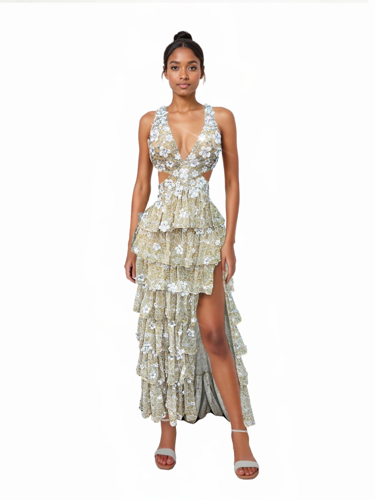 Deep V Neck Rhinestone Floral Sequin Waist Cutout Tiered Ruffle Split Maxi Gown