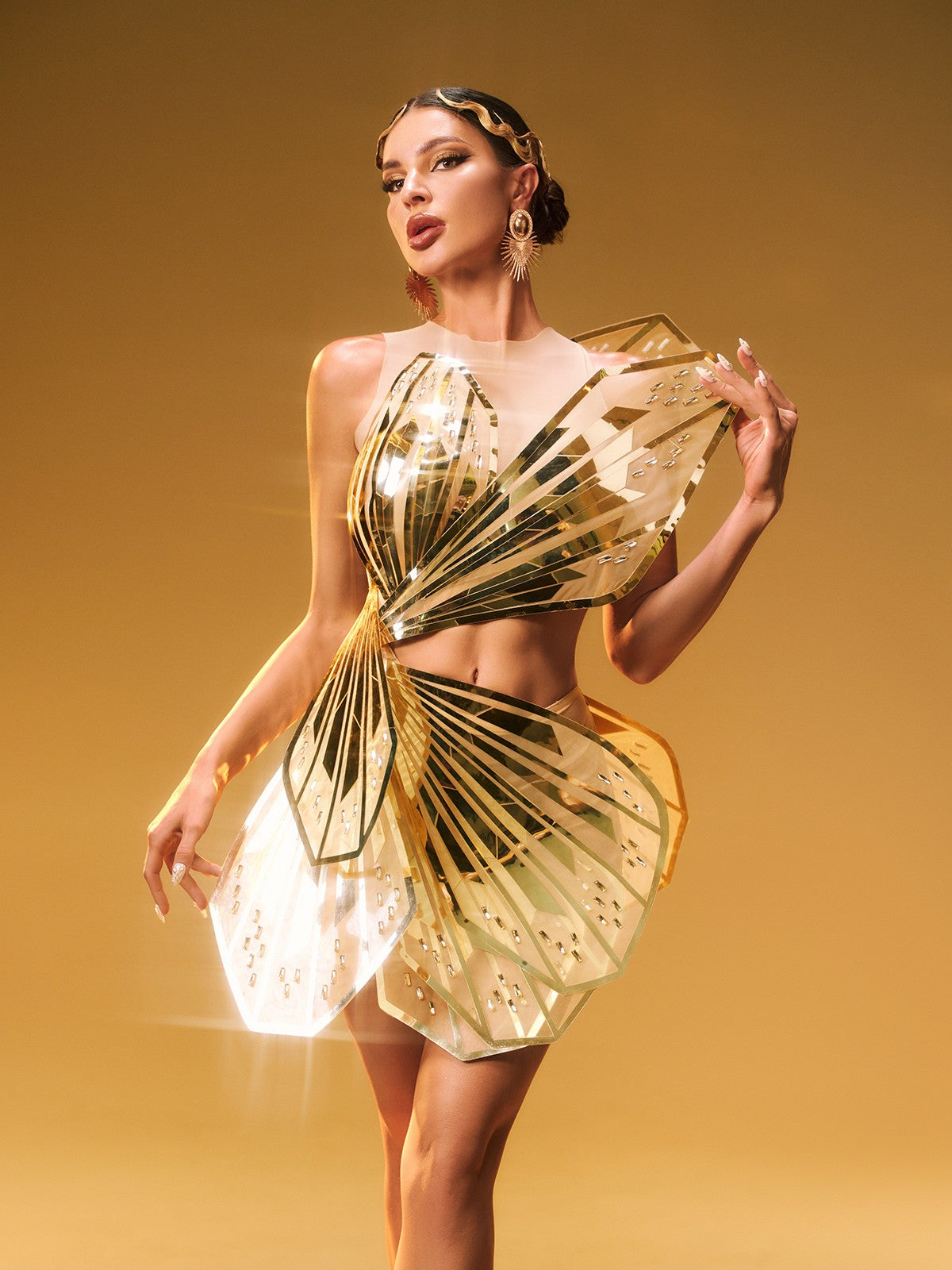 Butterfly Wing Metallic Panel Mesh Mini Dress 2