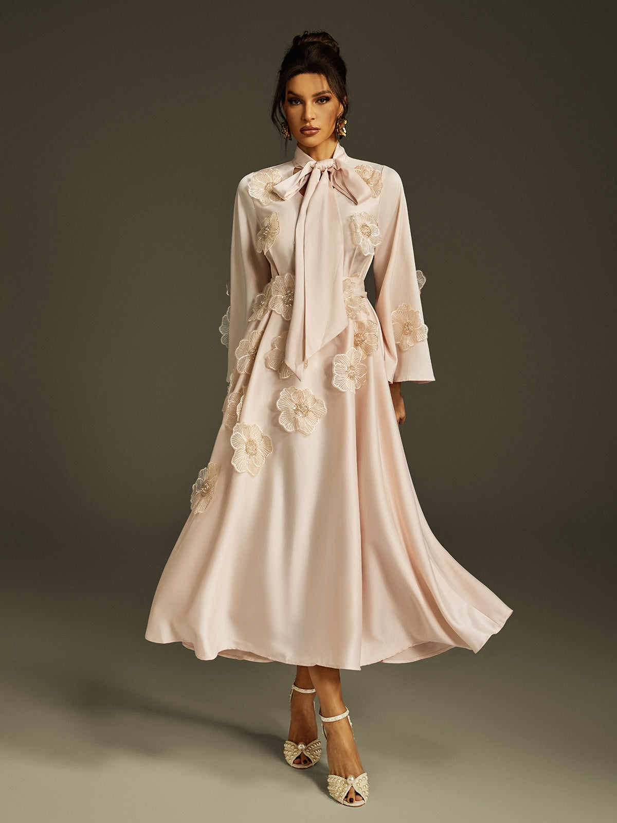 Pussy Bow Bell Sleeve 3D Lace Floral Applique Satin Midi Dress 3