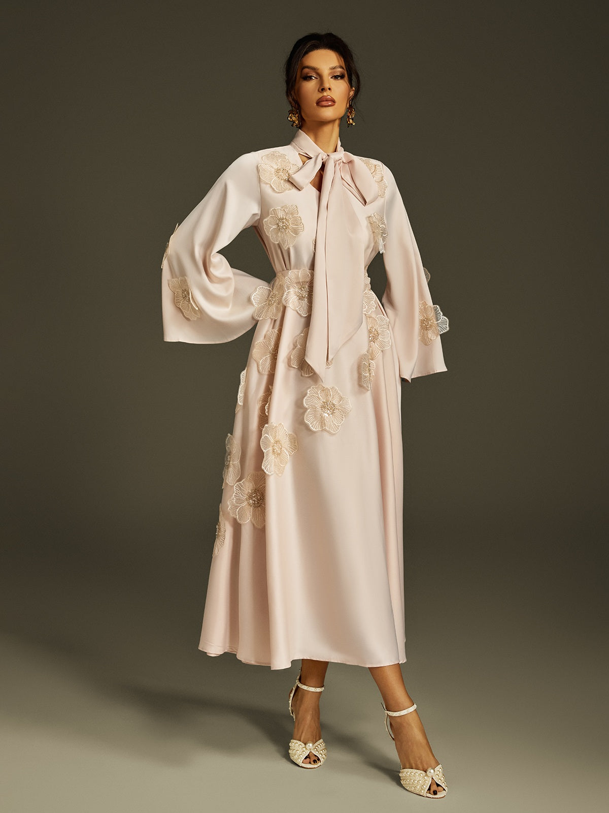 Pussy Bow Bell Sleeve 3D Lace Floral Applique Satin Midi Dress