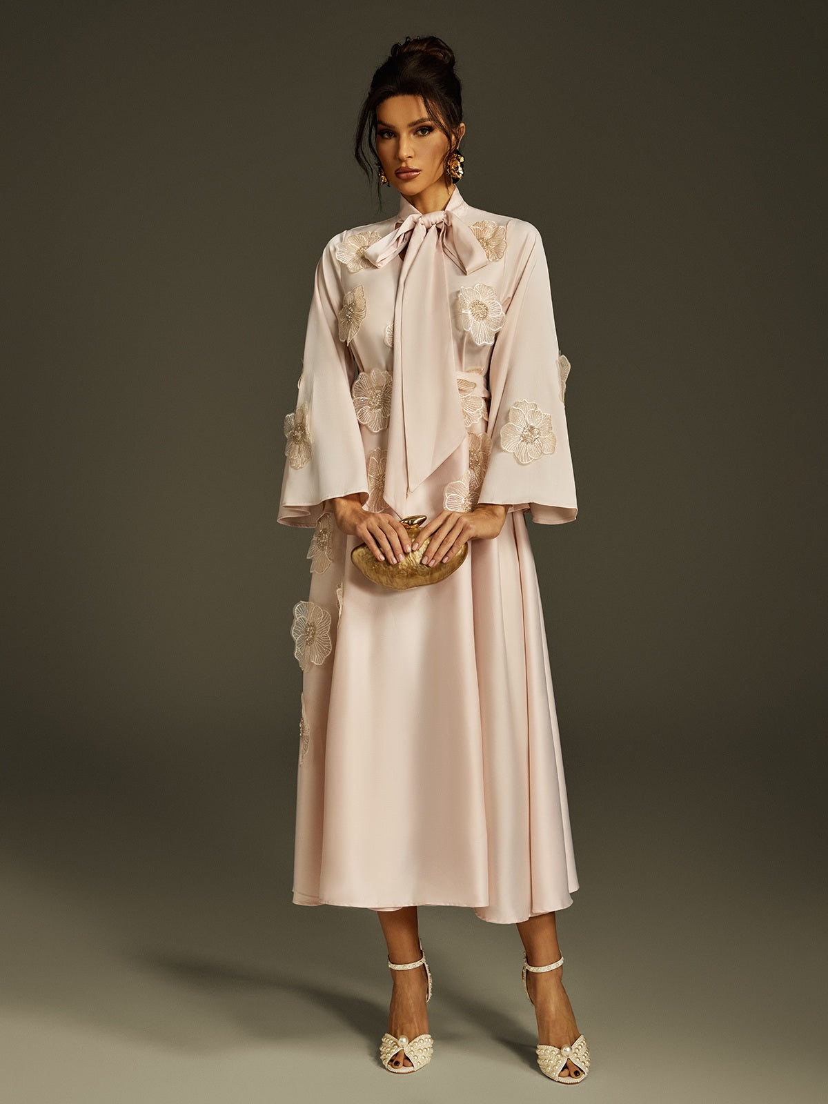 Pussy Bow Bell Sleeve 3D Lace Floral Applique Satin Midi Dress 4