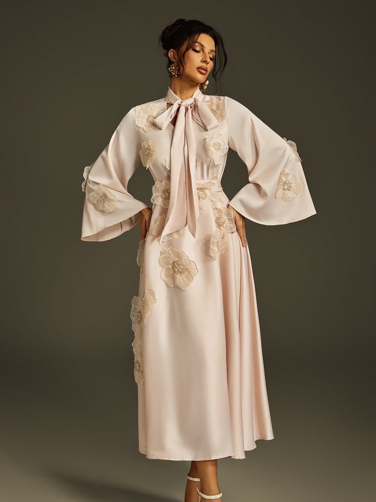 Pussy Bow Bell Sleeve 3D Lace Floral Applique Satin Midi Dress 2