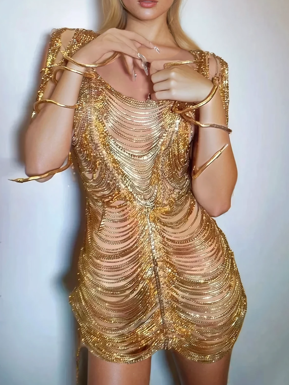 Scoop Neck Rhinestone Chain Fringe Shoulder Mini Dress 2