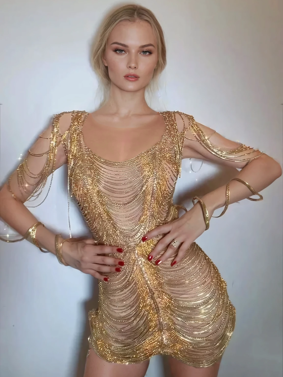 Scoop Neck Rhinestone Chain Fringe Shoulder Mini Dress 4