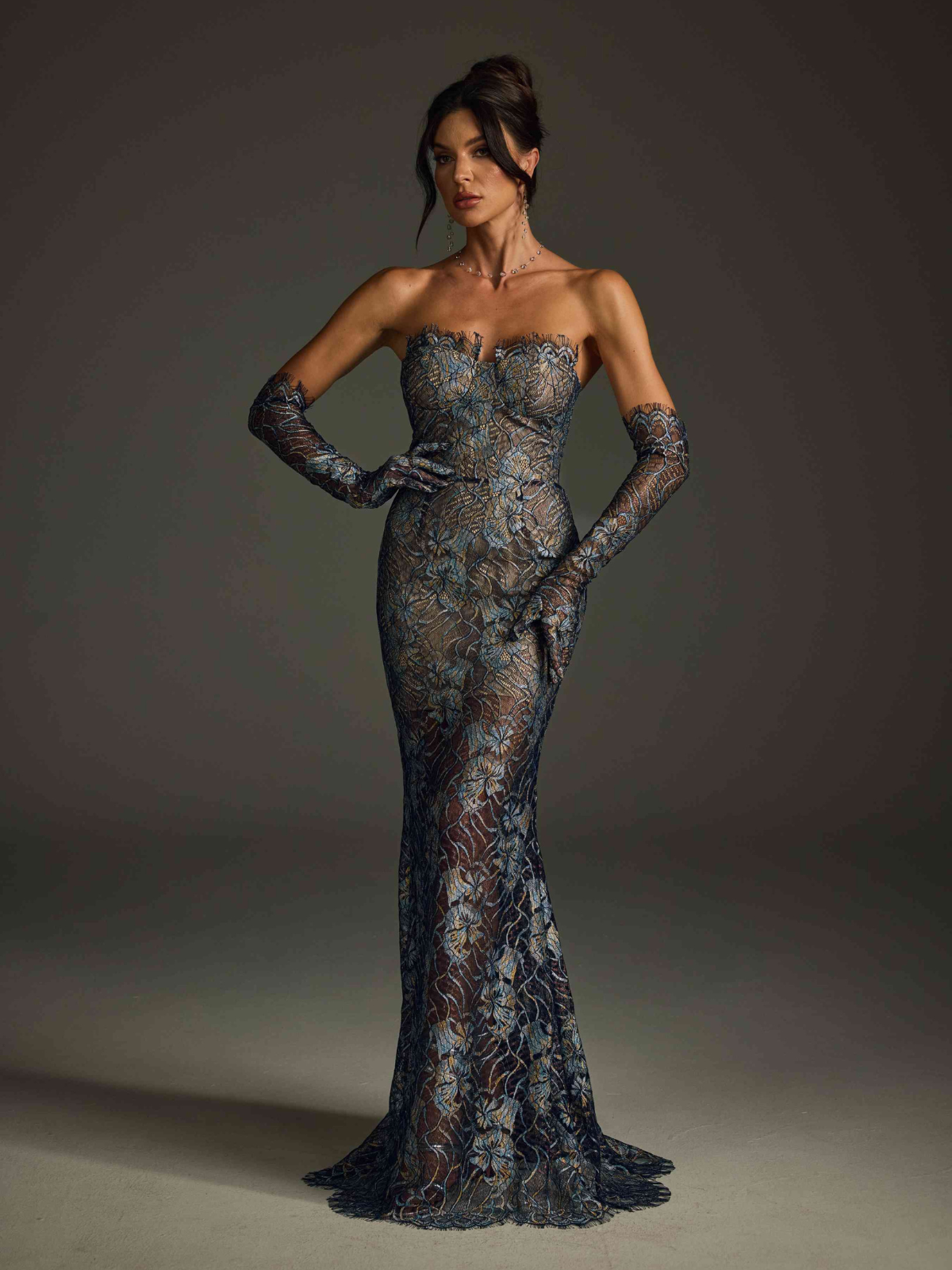Strapless Sweetheart Floral Lace Mermaid Maxi Dress With Opera Gloves
