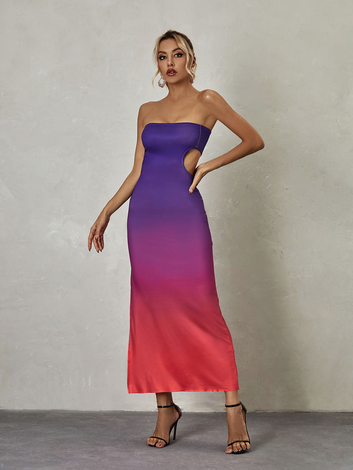 Strapless Waist Cutout Ombre Bodycon Maxi Dress 3