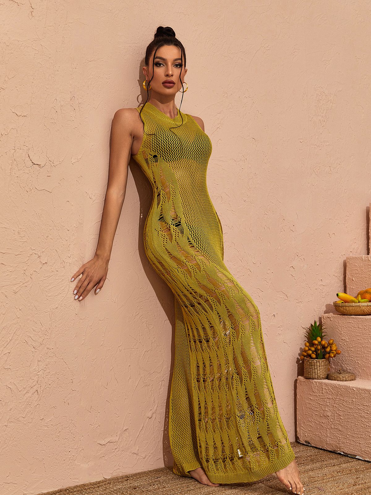 Crew Neck Hollow Open Knit Sleeveless Maxi Dress