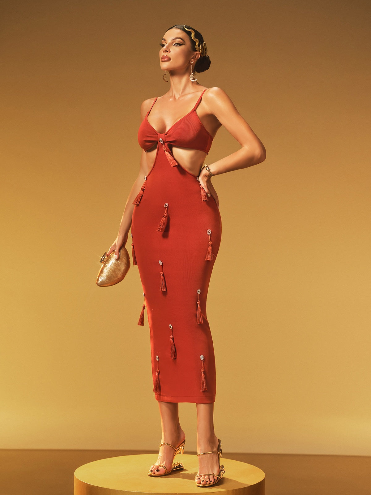 Spaghetti Strap V Neck Waist Cutout Tassel Stud Fringe Bandage Midi Dress 5