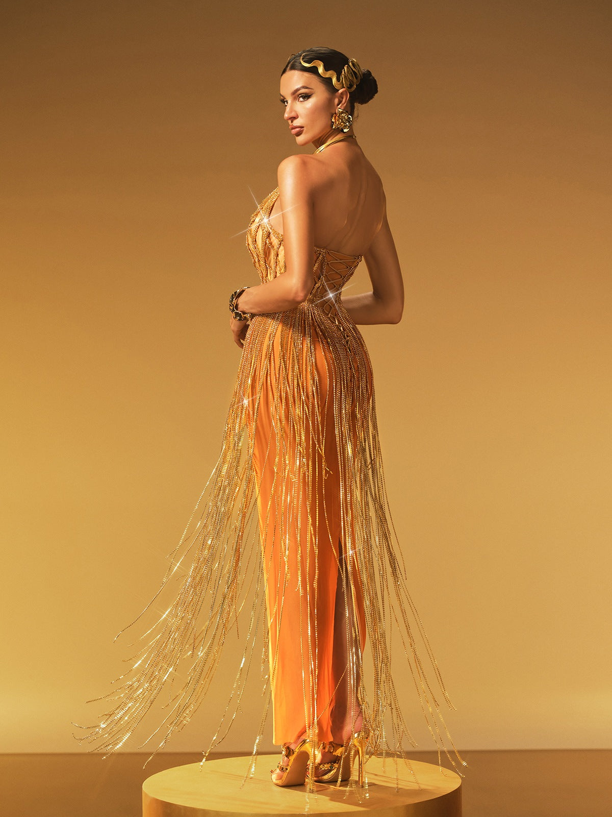 Spaghetti Strap Lattice Corset Crystal Chain Fringe Maxi Gown 6