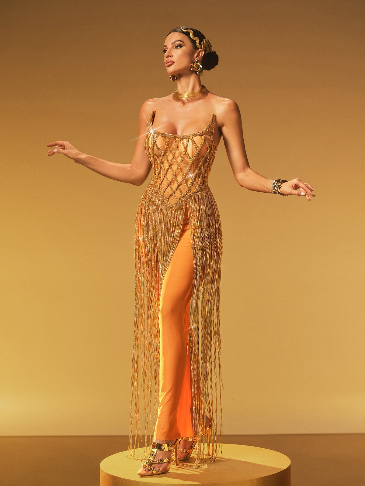 Spaghetti Strap Lattice Corset Crystal Chain Fringe Maxi Gown 2