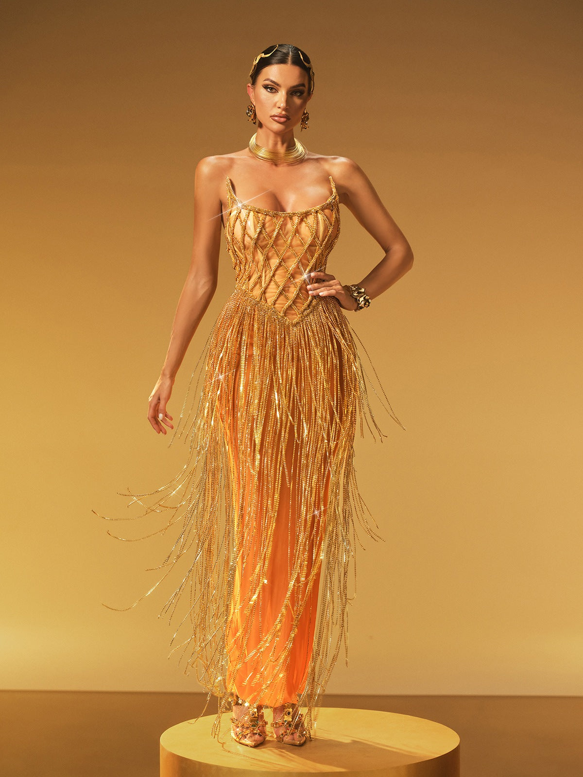 Spaghetti Strap Lattice Corset Crystal Chain Fringe Maxi Gown 3