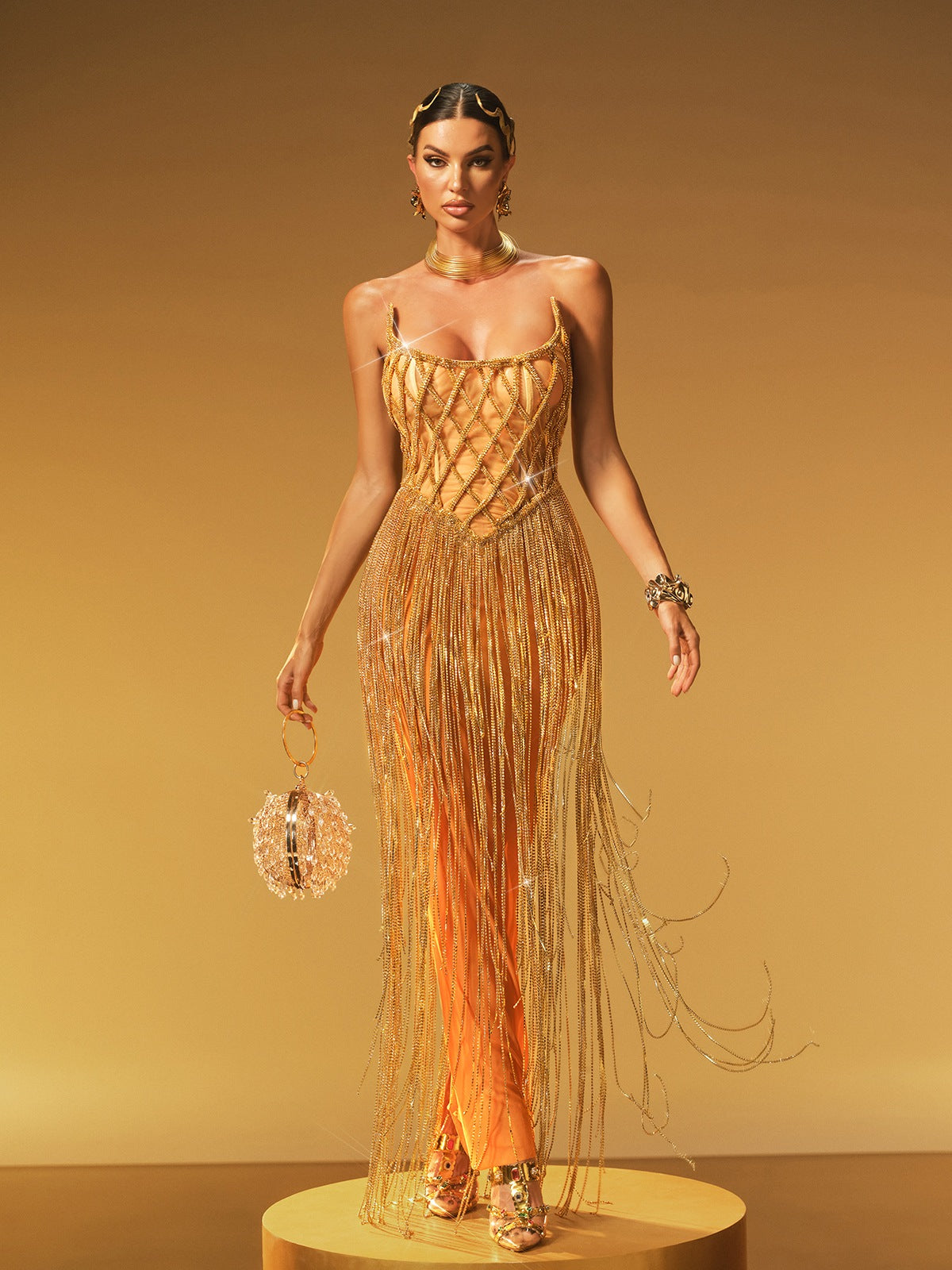 Spaghetti Strap Lattice Corset Crystal Chain Fringe Maxi Gown