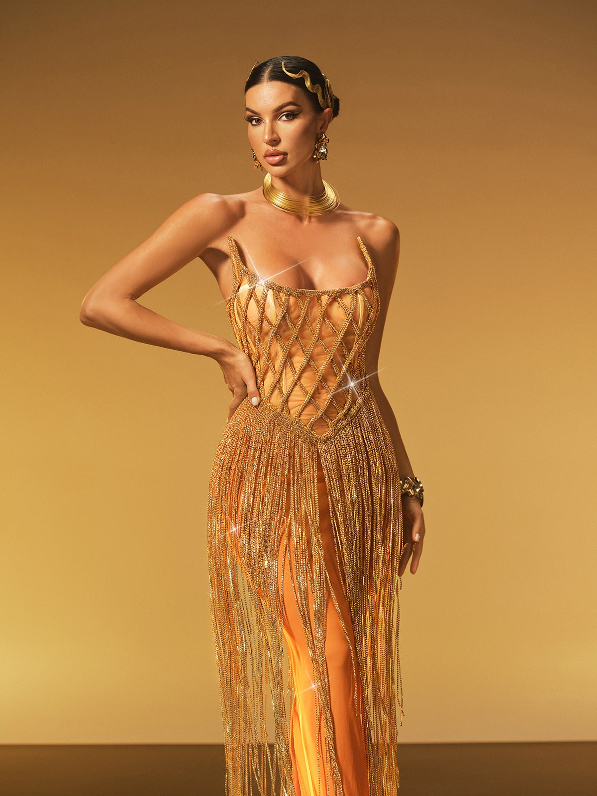 Spaghetti Strap Lattice Corset Crystal Chain Fringe Maxi Gown 5