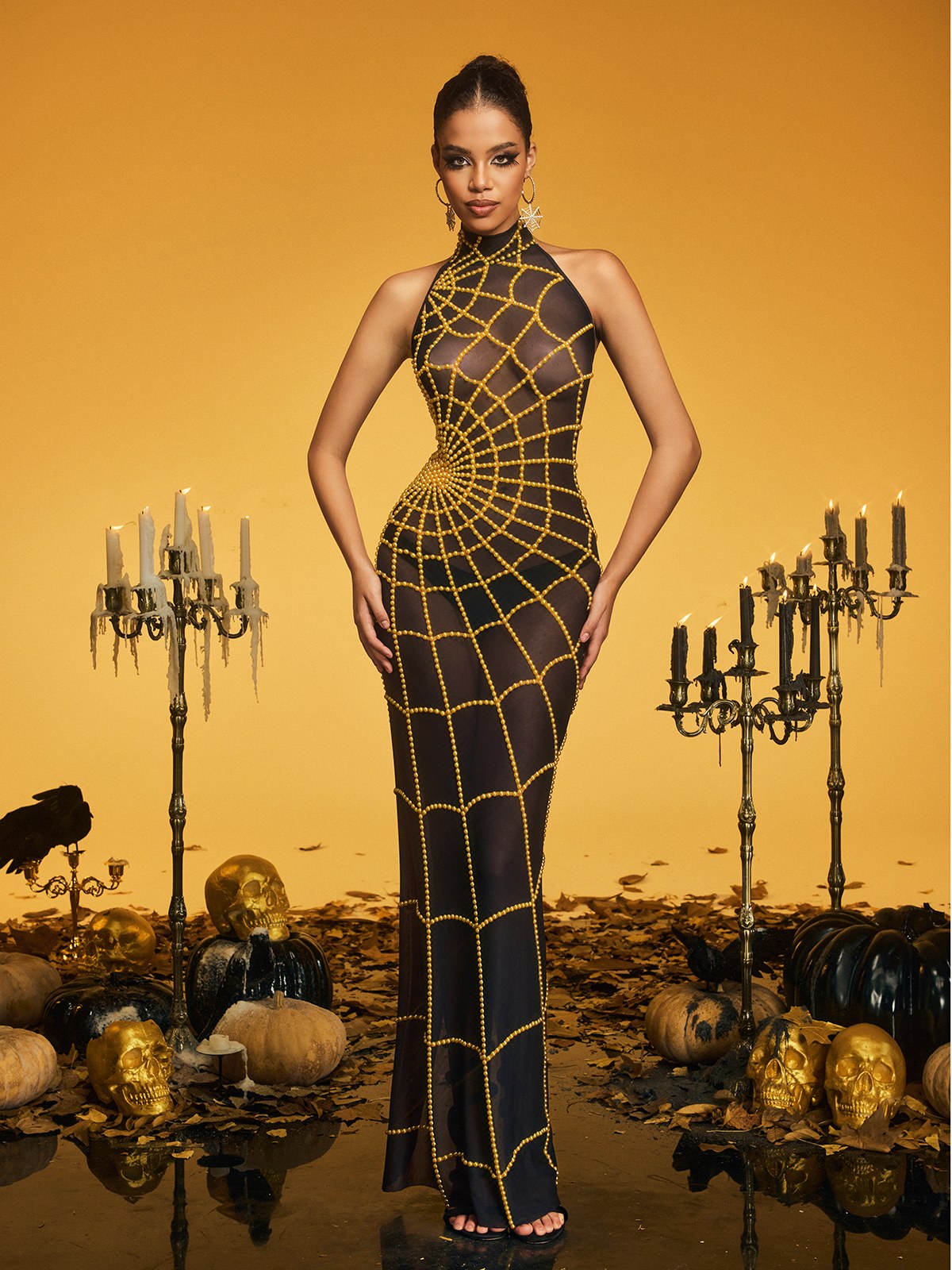 Mock Neck Halter Pearl Beaded Spiderweb Sheer Mesh Bodycon Maxi Dress