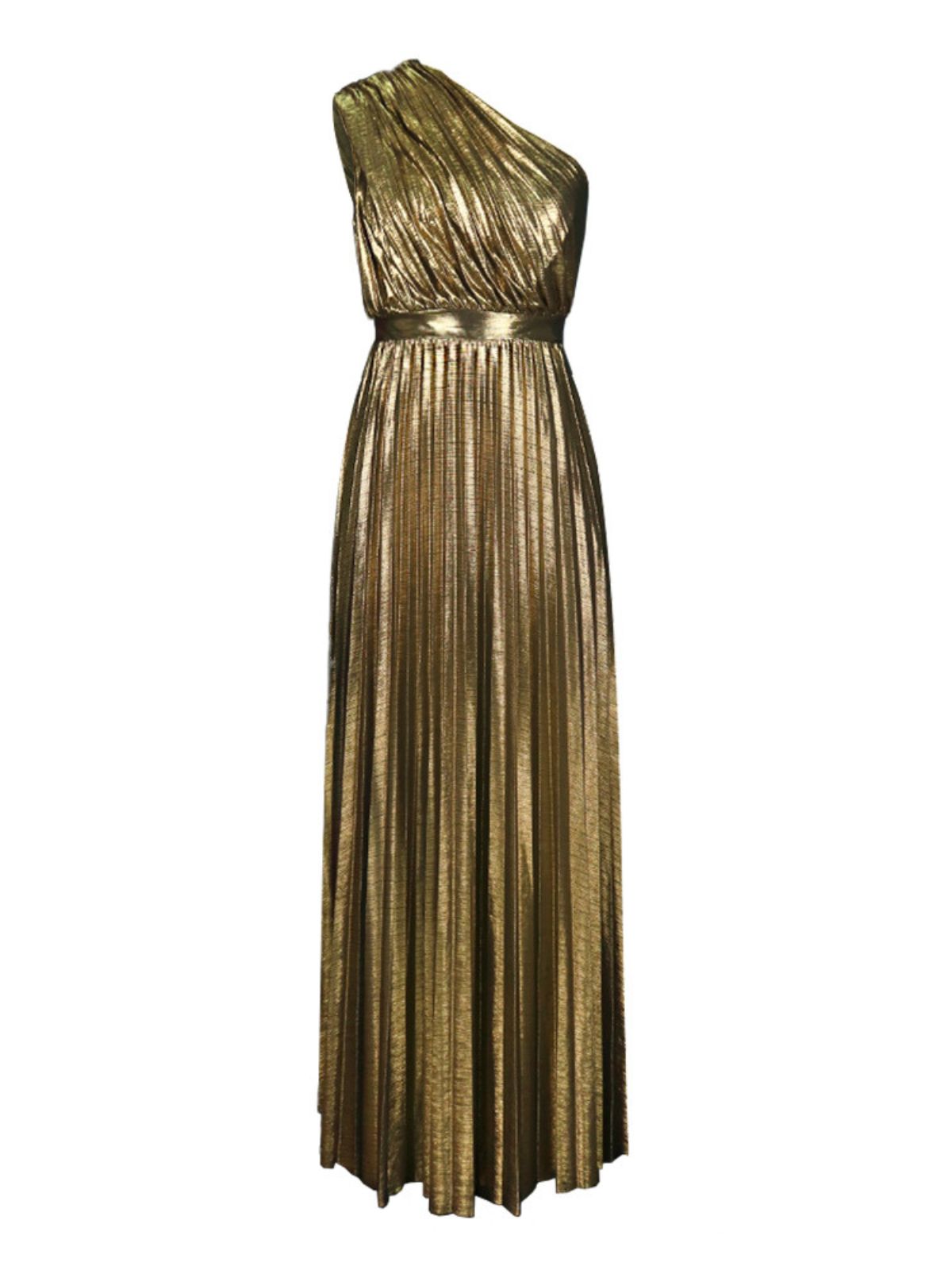 One Shoulder Pleated Metallic Waistband Column Maxi Dress 6