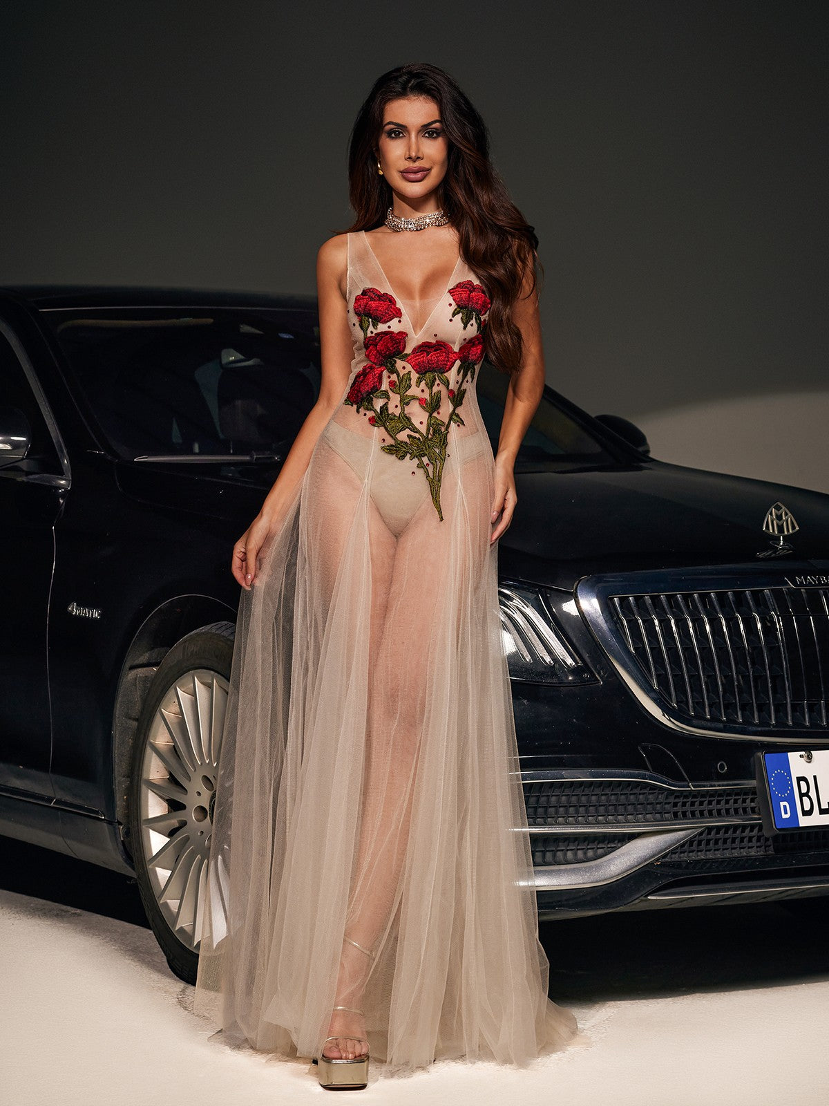 V Neck Spaghetti Strap Floral Embroidered Mesh Tulle Maxi Dress 4