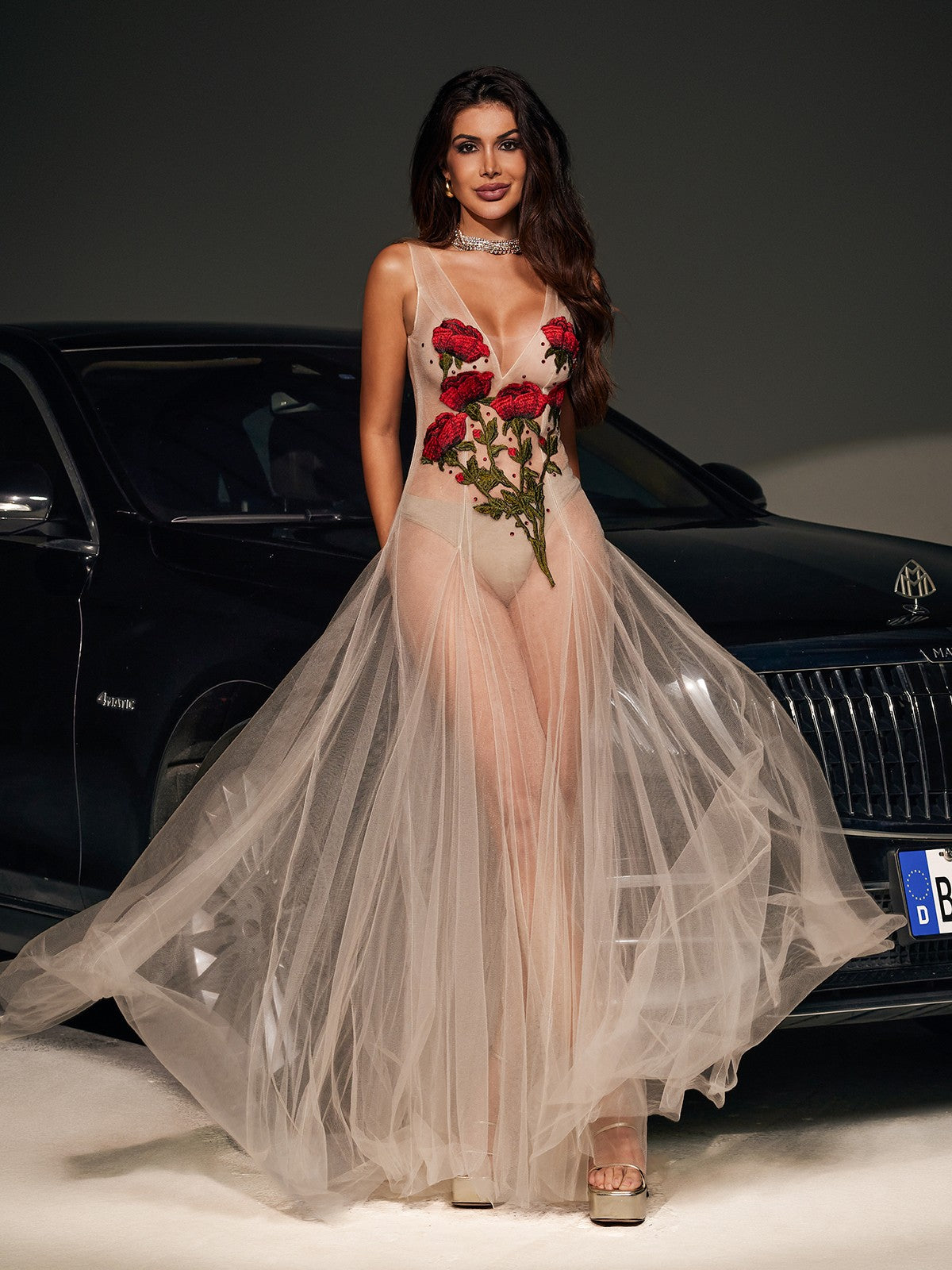 V Neck Spaghetti Strap Floral Embroidered Mesh Tulle Maxi Dress
