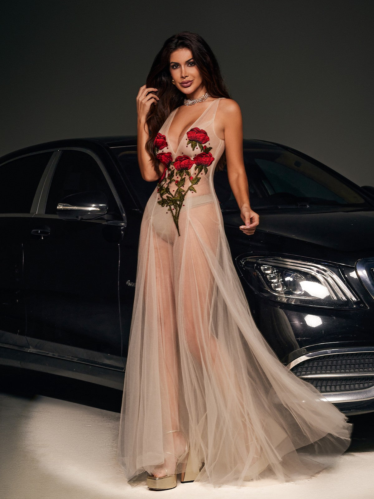 V Neck Spaghetti Strap Floral Embroidered Mesh Tulle Maxi Dress 2