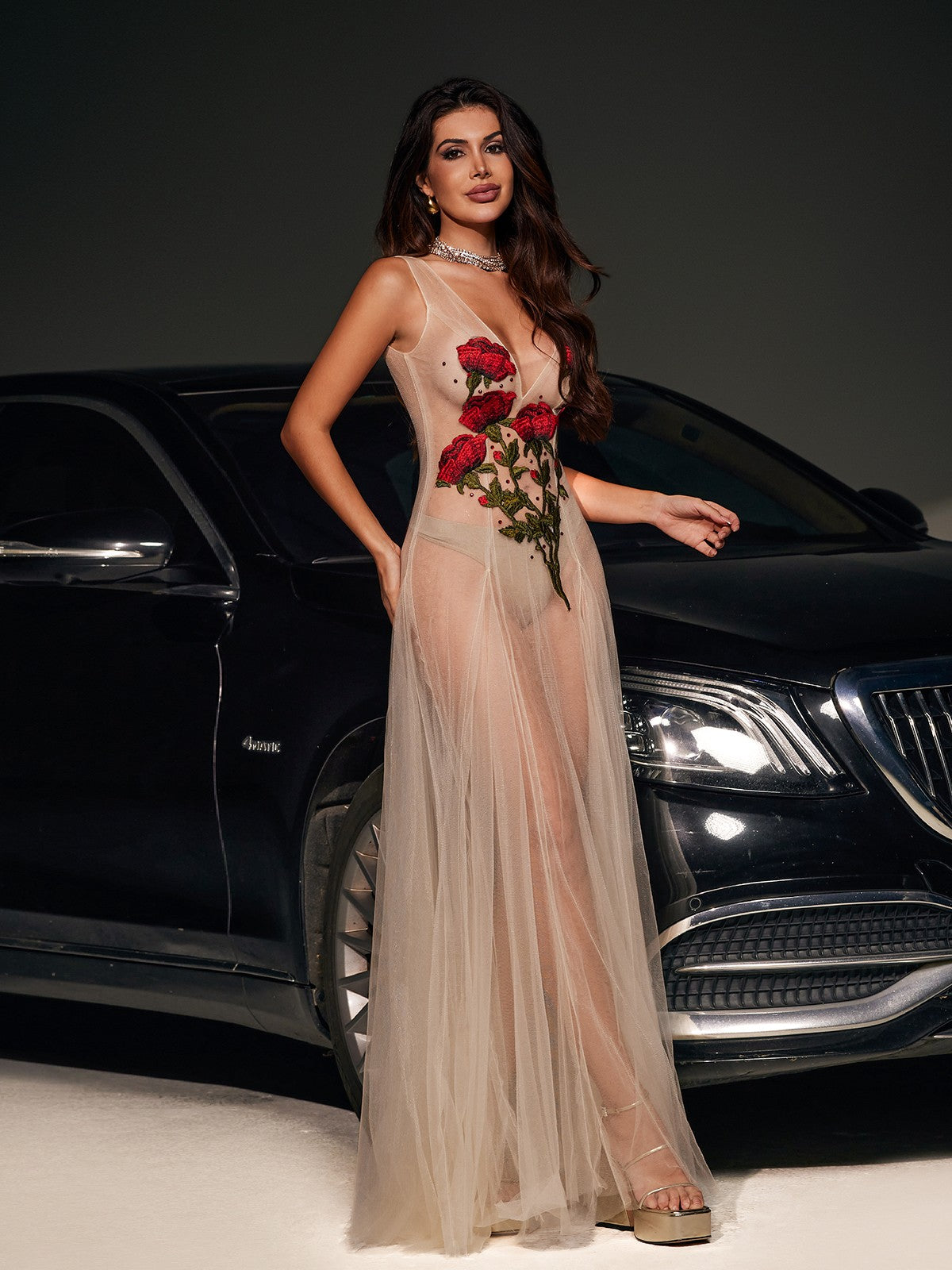 V Neck Spaghetti Strap Floral Embroidered Mesh Tulle Maxi Dress 5