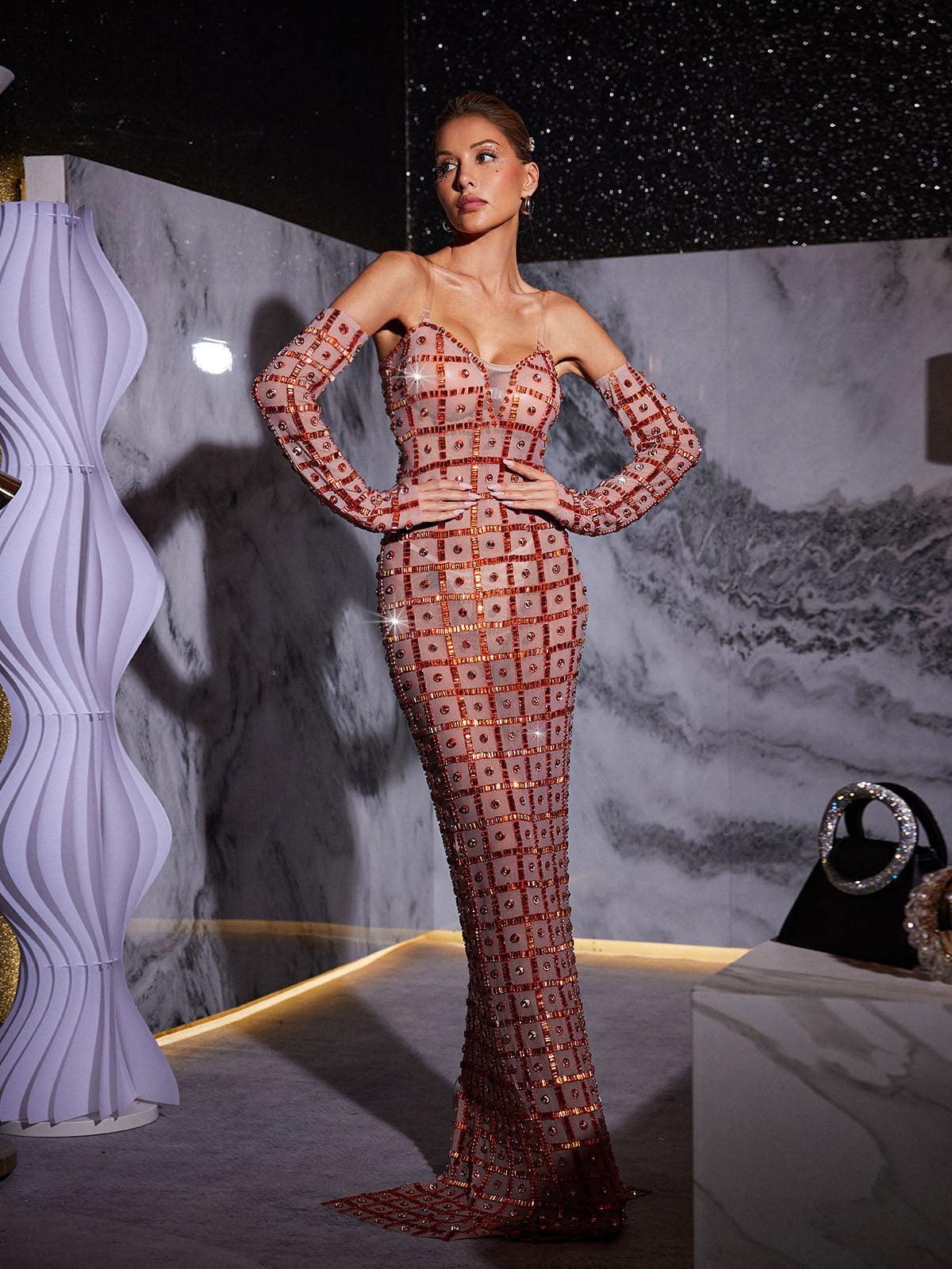 Sweetheart Sheer Mesh Grid Rhinestone Column Maxi Gown With Matching Arm Warmers
