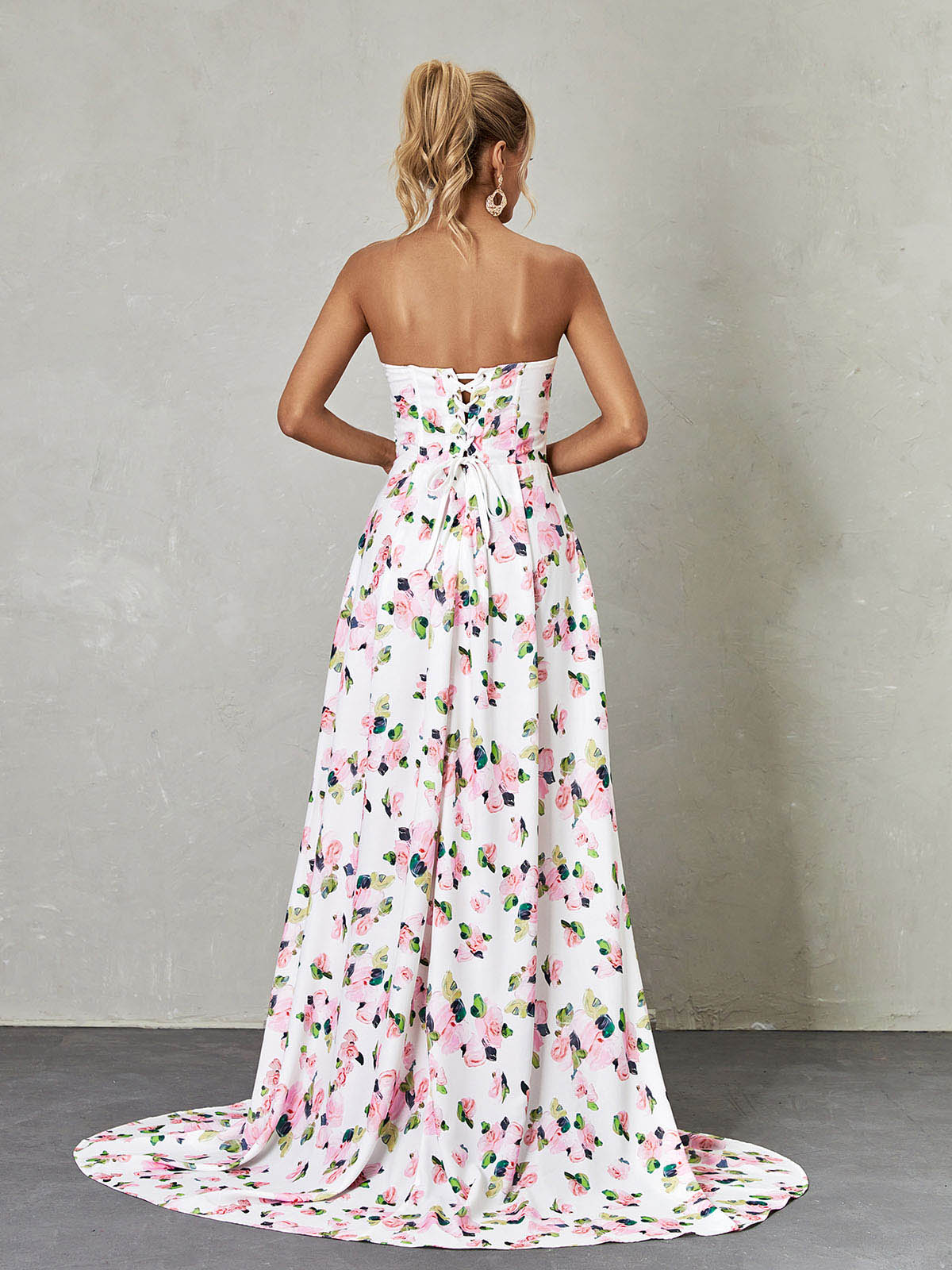 Strapless Corset Sweetheart Floral Print High Slit Maxi Dress 5