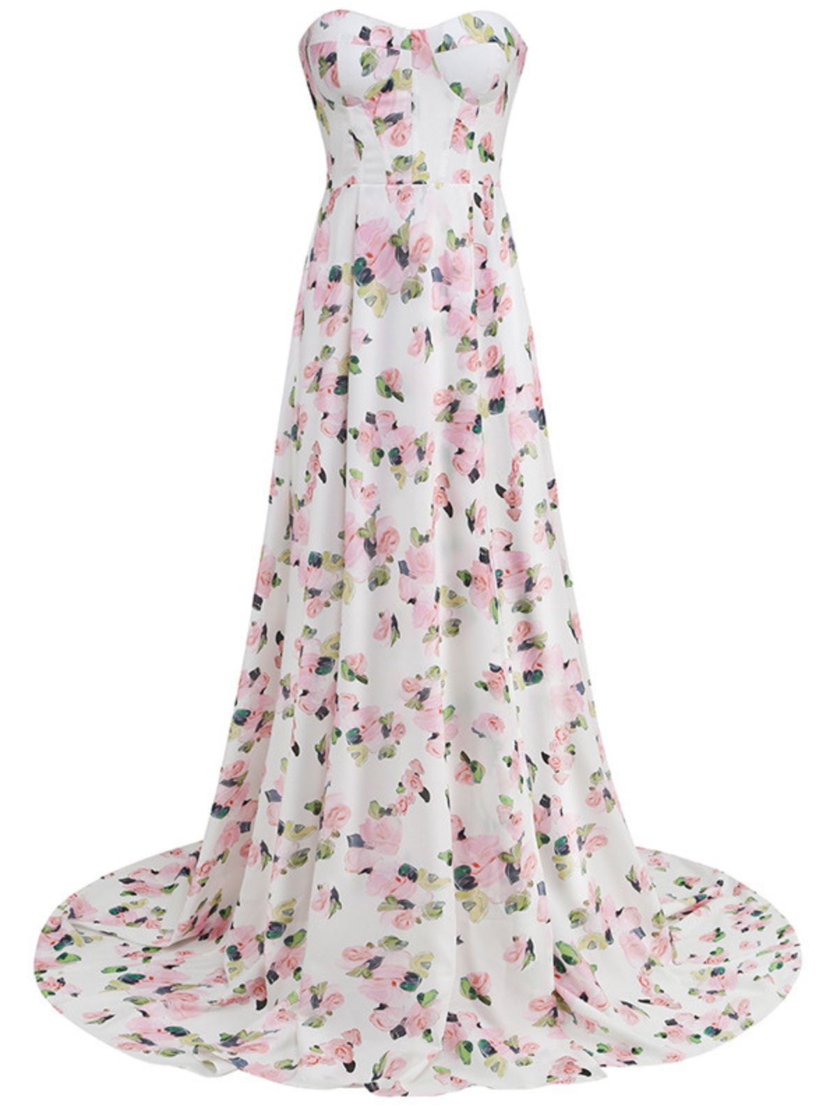 Strapless Corset Sweetheart Floral Print High Slit Maxi Dress 6
