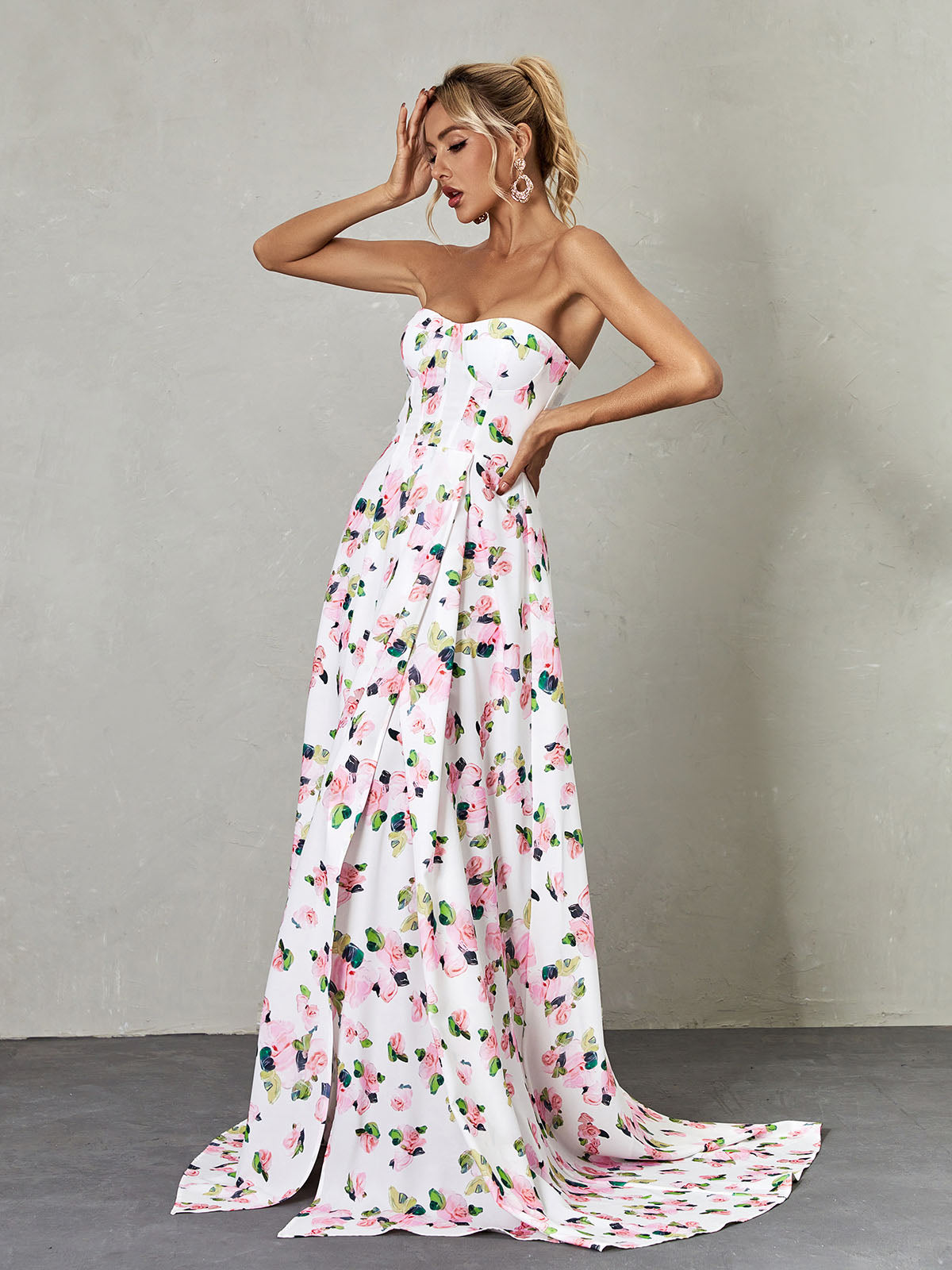 Strapless Corset Sweetheart Floral Print High Slit Maxi Dress 3