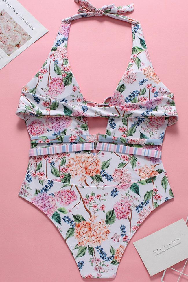 Knotted Front Floral Plunged V Neck Halter One Piece Swimsuit