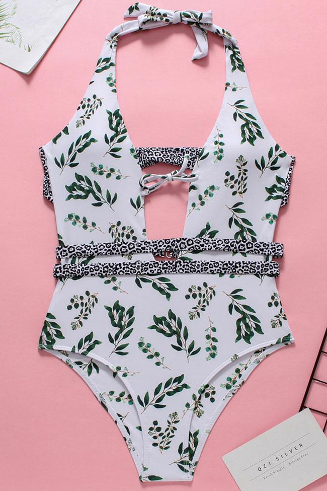 Knotted Front Leaf Plunged V Neck Halter One Piece Swimsuit