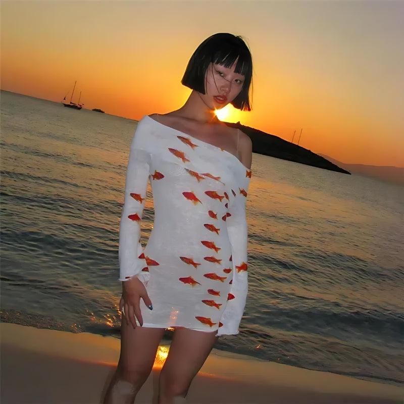 Asymmetric Off Shoulder One Sleeve Koi Fish Print Mesh Bodycon Mini Dress